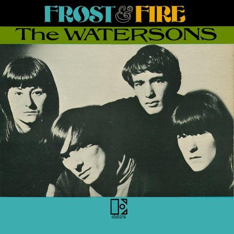 The cover art is mostly a black and white photo of the band, four young white people all looking directly at the camera, very serious expressions on their faces, with long dark hair and bangs in their eyes. A horizontal black rectangle is across the top with the title in blue ("Frost"), white ("&"), and yellow ("Fire"). A slightly thinner green rectangle is underneath that, with the band name in smaller black font. A larger blue rectangle that matches the font color of "Frost" is underneath the photo, taking up the rest of the cover.