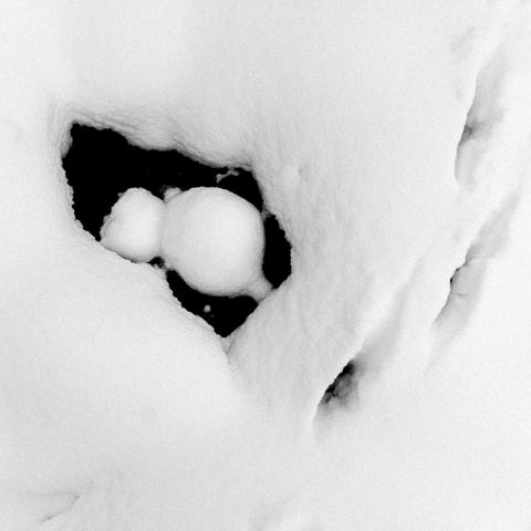 Snow with a small puddle in it. B&W square photo.