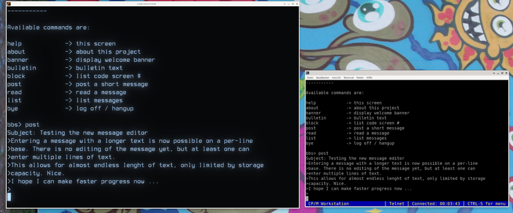Screenshot showing me entering a multi-line message in DXBBS, in the left half of the screen  is a terminal with the server echoing what is typed in the remote terminal in the right half of the screen.