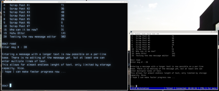 Screenshot showing me listing and then reading a multi-line message in DXBBS, in the left half of the screen  is a terminal with the server echoing what is typed in the remote terminal in the right half of the screen.