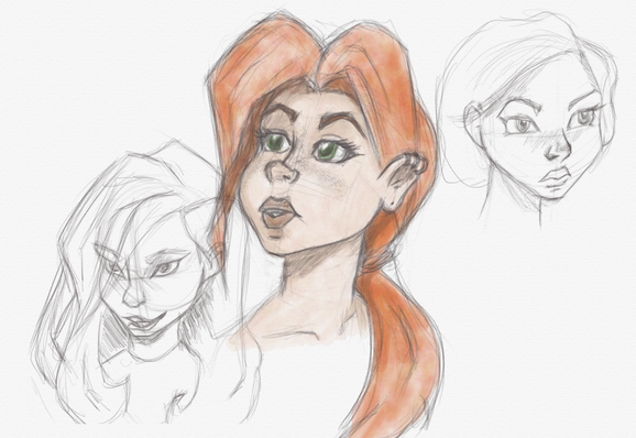 Stylised face sketches. The back two are studies based on art by Loish, the middle one is an original I did.