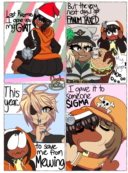 Bridget from Guilty Gear drawn with her 9th pallete from Guilty Gear Strive. She sings “last rizzmas I have you my GYATT. But the very next day I got FANUM TAXED. This year to save me from MEWING gave it to someone SIGMA”