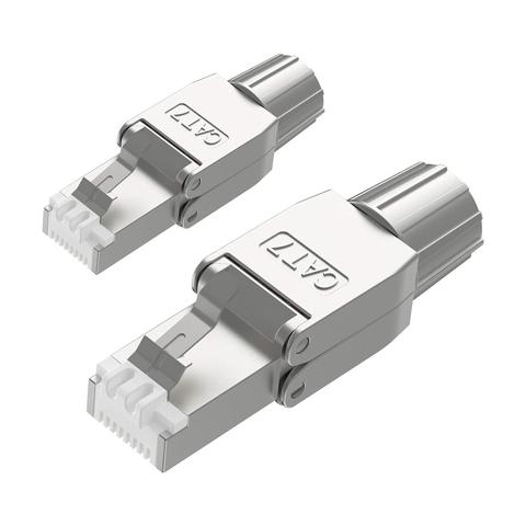 3D CAD image of a pair of  Cat.7 rated ethernet plugs with metal retention clips up top and reinforced strain relief collar ar the back.
