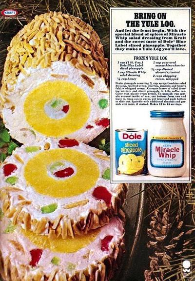 Using miracle whip and slices pineapples to make a yule log.