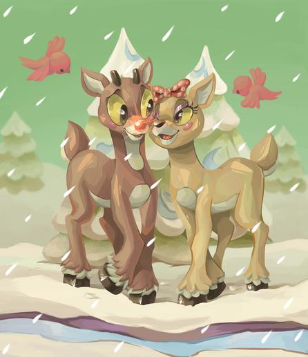A painting of Rudolph and Clarice from the Rankin Bass Rudolph special. They are standing in the snow by a couple of pine trees, with red birds flying around them. The sky is green, and there's snow falling from the sky.