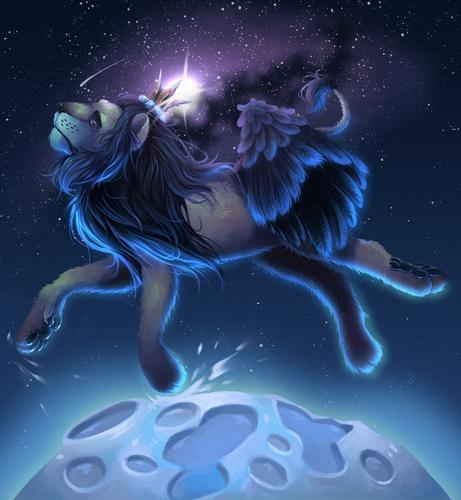 Digital illustration of a lion with a flowing, black mane and black wings wearing a crown on his head and jumping across the moon. He is in space, and behind him is the glowing moon and a sky full of stars