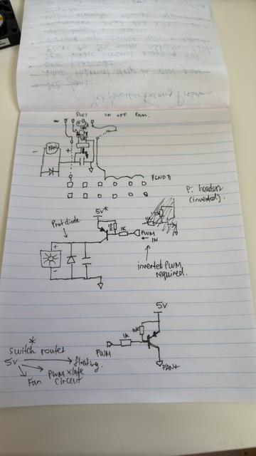 A top bound tear-off notepad with fine black sharpie notation for reverse engineering a circuit in several stages and then a finished schematic diagram. There are arrows and comments as is my style of notation.