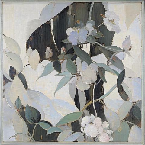 A square digital encaustic painting of large jungle flowers