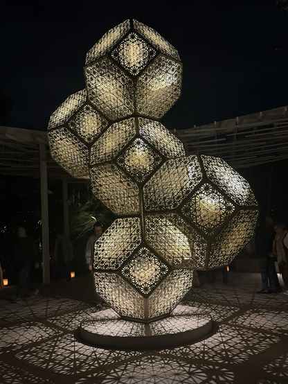 Geometric artwork lit from within at the Phoenix Desert Botanical Garden