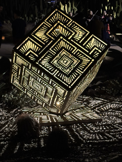 Lit code with nested geometric patterns at the Phoenix Desert Botanical Garden.