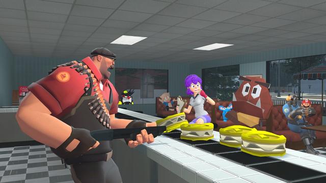 Outraged by the cardboard coins on the countertop, Johnny Fiddy pulls out his shotgun and threatens the paper Goomba to cough up some real money or else.