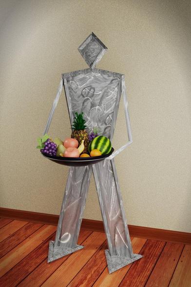 Obstschalenständer in Form eines Männchens das dem Betrachter eine schwarze Schale mit Früchten präsentiert.

Fruit bowl stand in the shape of a man presenting the viewer with a black bowl of fruit.