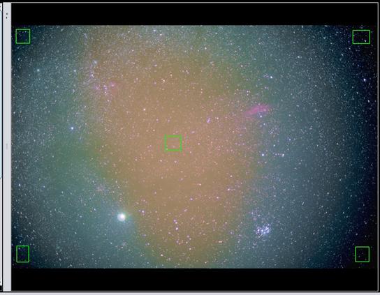 Starting to flatten the sky and neutralize the sky background. I have manually selected five regions (green boxes) for the software to analyze...in order to make a corrective model to be applied to the original image.