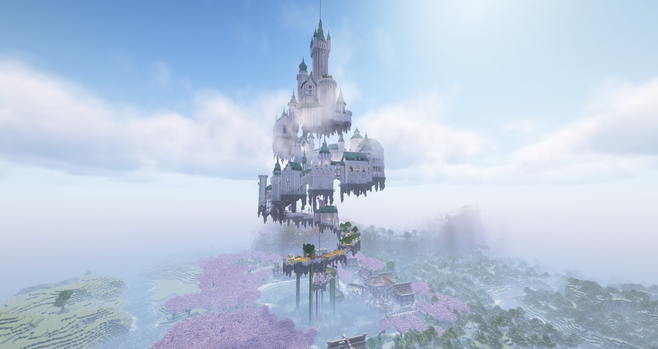 Ein verträumtes, spiralförmiges Luftschloss in Minecraft an einem vernebelten Tag