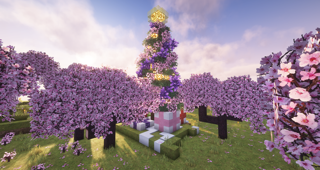 Ein Weihnachtsbaum in Minecraft in einem Cherry Grove Biom
