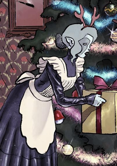 My Christmas llustration for 2024 featuring a Christmas tree adorned with ornaments and a star on top. Zoom on Erie is in a maid's outfit but with reindeer antler
