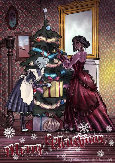 My Christmas llustration for 2024 featuring a Christmas tree adorned with ornaments and a star on top. Two characters are present: Esther, wearing a dark red dress and large earrings, is decorating the tree, while Eris is in a maid's outfit but with reindeer antler