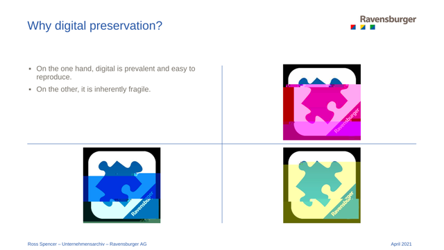 An example of bitrot using the Ravensburger mobile games logo, the image is split into four quadrants and demonstrates the different visual artefacts and color changes that result from the degradation of a bytestream.