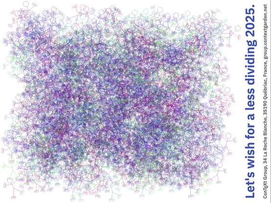 A colorful cloud, made from stick figures (hands and feet looking like combs, as a little child might draw them).

Text “Let’s wish for a less dividing 2025.”, plus postal address of CG in France.