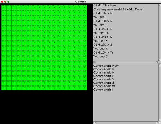 green grid of squares, labelled 24,24 R, down to 40,40 S, 32,32 @ in center
gray row of commands and You see X entries
gray Command: prompt