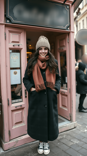 Young woman in winter attire standing in front of a pink café door, wearing a cozy knitted hat and scarf, looking cheerful.