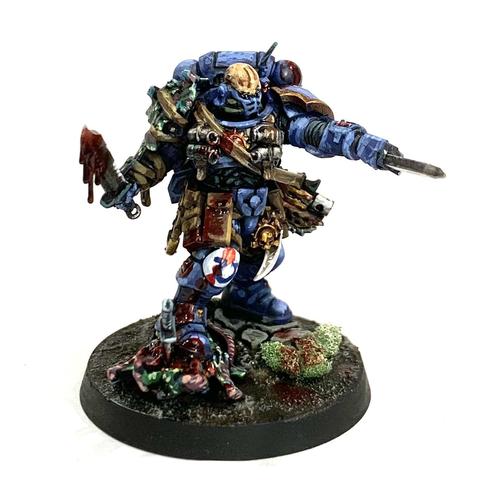 Space Marine in blue power armor with brown pouches belted to him. His right should pad is replaced with some alien chitin plates. He stands on the head of a dead alien with a knife sticking from it. He holds up two more knives, one dripping red gore and the other pointed forward in a challenge. He has blood splattered across his armor.