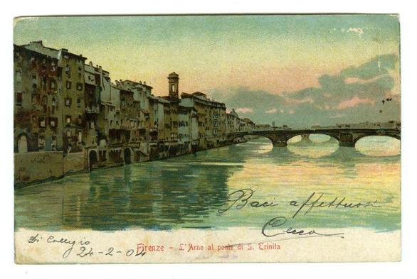 The image is a vintage postcard featuring an illustration of the Ponte alle Grazie, also known as the Arno River bridge in Florence. The artwork depicts a serene riverside scene with buildings on one side and a clear sky above.

In the foreground, there's calm water reflecting subtle hues of greenish-blue, which suggests a tranquil atmosphere during either dawn or dusk. On the opposite bank are multi-story residential structures with various architectural details such as windows, balconies, and ornamental trim work painted in muted earth tones like beige, brown, and light orange.

A prominent feature is the Ponte alle Grazie itself, an arched stone bridge that elegantly spans across the river from left to right. The arches of the bridge are highlighted with darker shades against a lighter background on its surface.

The sky above displays soft pastel colors like pale pinkish-green and blue gradients, giving off a peaceful ambiance. In the top-right corner is an artist's signature "Cucci," which could be the name of the illustrator or painter responsible for this artwork.

There are handwritten inscriptions at the bottom left side: "Bai alle Grazie" suggesting it might have been part of a series; followed by "Firenze - S. Arno al ponte di S. Trinita." The handwriting appears to be from someone named Colly, with additional dates and scribbles that are not easily decipherable.

Overall, the image has an aged look typical fo [...]
