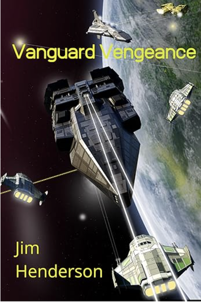 book cover. space battle with a nearby planet