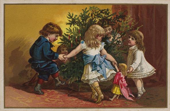 Christmas card from about 1880. Chilien walking around a short Christmas Tree