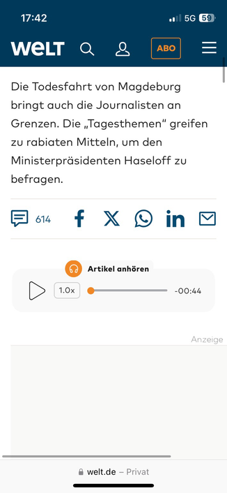 Screenshot von https://www.welt.de/politik/deutschland/article254939508/Anschlag-auf-Weihnachtsmarkt-in-Magdeburg-Dreiste-Uebergriffigkeit-der-Tagesthemen.html