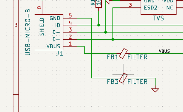 A zoomed in image of the USB part of the HackRF One schematic in Kicad, showing the USB port pins connected to a couple of ferrite bead filters, with the crosshair over the filter labeled FB3 which connects USB port pin 5 (GND) to ground.