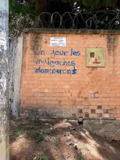 Graffiti in blue paint on a red brick wall topped with razor wire. The text is written in French: "Un jour les Malgaches domineront" (One day the Malagasy will dominate), contrasting with its Malagasy context.