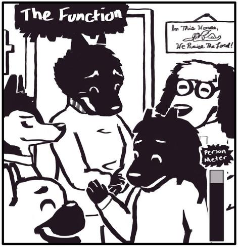 Panel 1 of 6: Foxwolf has arrived to Houndmage’s crowded family get-together. She nervously grins at the host. On one side of the doorway is a cross. On the other wall, there is a decorative plaque that says, “In This House, We Praise The Lord!” A sexy lord is reclined between the words. In the lower corner of the frame, there’s a “Person Meter” that’s about eighty percent full.