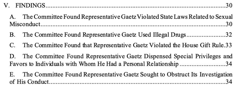 Table of Contents

V. FINDINGS
30

A. The Committee Found Representative Gaetz Violated State Laws Related to Sexual
Misconduct
30

B. The Committee Found Representative Gaetz Used Illegal Drugs	
32

C. The Committee Found that Representative Gaetz Violated the House Gift Rule 
33

D. The Committee Found Representative Gaetz Dispensed Special Privileges and
Favors to Individuals with Whom He Had a Personal Relationship	
34

E. The Committee Found Representative Gaetz Sought to Obstruct Its Investigation
of His Conduct
34