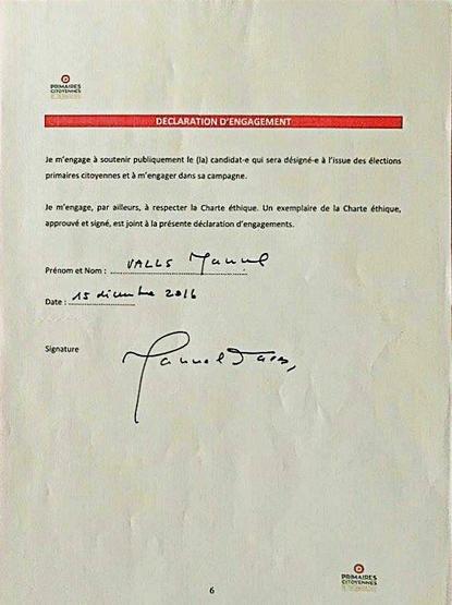 Déclaration d’engagement à soutenir le candidat désigné par la primaire citoyenne (ce sera Benoît Hamon) signé par Manuel Valls le 15 décembre 2016