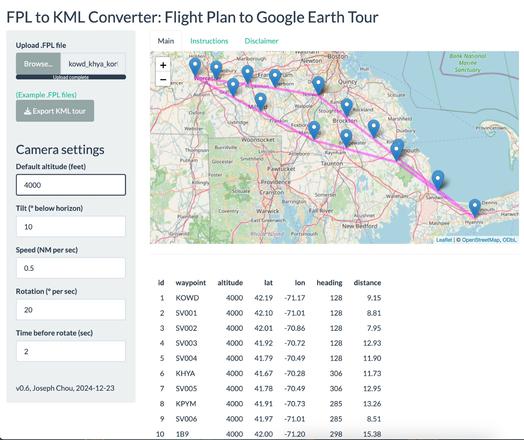 Loading the SkyVector .FPL plan, set some camera values, and export as a Google Earth .KML tour