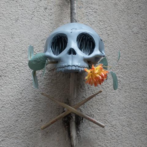 A photo of a stylized human skull and cossbones sculpture with some plastic flowers and leaves hanging on a wall in the street.
The skull is light grey with some black lines drawn on it, some artificial white flowers and leavesare sticking out from each side of his upper jaw .
It has no lower jaw. the skull has some drum track notes drawn on the forehead. a cross of drum sticks are below the skull.
