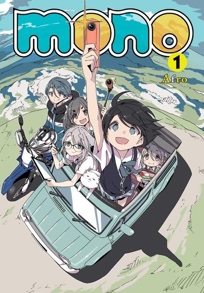 Cover of volume one of "mono" by Afro

A high angle shot with fisheye distortion of Satsuki, Kiriyama, Shikishima, Taijou the cat, and Haruno in a convertible. Satsuki holds a digital camera up high. Next to the car is Kako on her motorcycle.