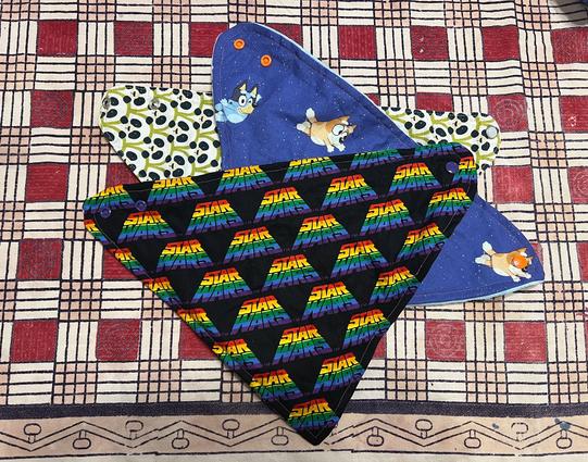 A couple baby bibs for my new nephew, including Star Wars and Bluey designs.