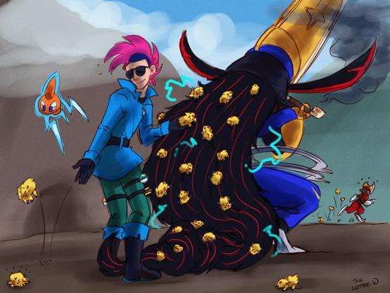 A Pokemon Trainer with a bright pink mohawk, sunglasses, and mostly blue attire gently removes the Joltik from their shiny Kingambit’s hair. Kingambit has his back turnedBisharp appears to be running from some of the other recently freed Joltike. Rotom floats beside the trainer, watching a recently freed Joltik curiously. In the distant background, a Bisharp appears to be running from some of the other recently freed Joltik.