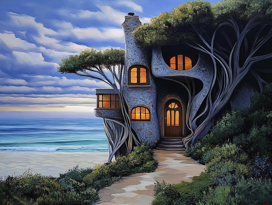 A whimsical beach house with lush trees growing through and supporting the structure, plastered stone walls, and warm glowing windows, set against a blue ocean and dramatic sky.