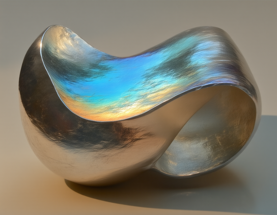 Concept chair of smooth polished metal with iridescent silver finish, with minimalistic and contemporary design in mind but probably not comfort.