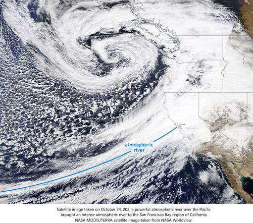 satellite image - Satellite image taken on October 24, 2021. A powerful atmospheric river over the Pacific brought an intense atmospheric river to the San Francisco Bay region of California. NASA MODIS/TERRA satellite image taken from NASA Worldview.