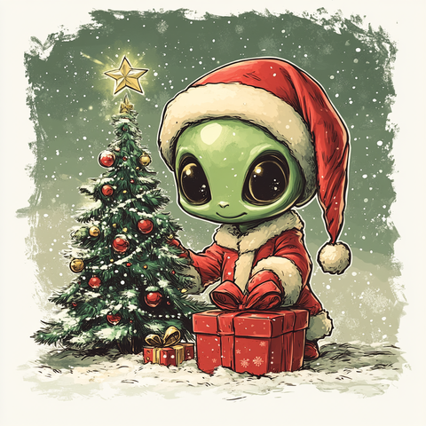 Image générée par IA. Un extraterrestre habillé comme le père Noël ouvrant un cadeau à coté d'un sapin de Noel