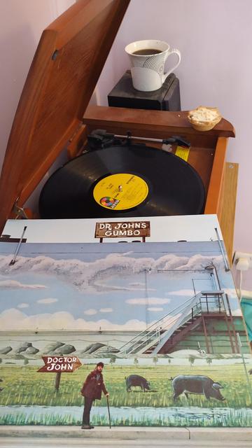 Record player with a 12" black vinyl record. In the foreground is an album cover showing a man (the good Doctor) leaning on a walking stick. He is in front of what appears to be a large billboard or the side of a building painted with a rural scene under a cloudy blue sky, with a couple of black pigs, and a sign, slightly behind the man and pointing in his direction, reading "Dr John". Attached to the top is a sign reading "Dr John's Gumbo".
Behind the player is a mug of coffee on a speaker. A delicious mince pie has been placed on one corner of the player.