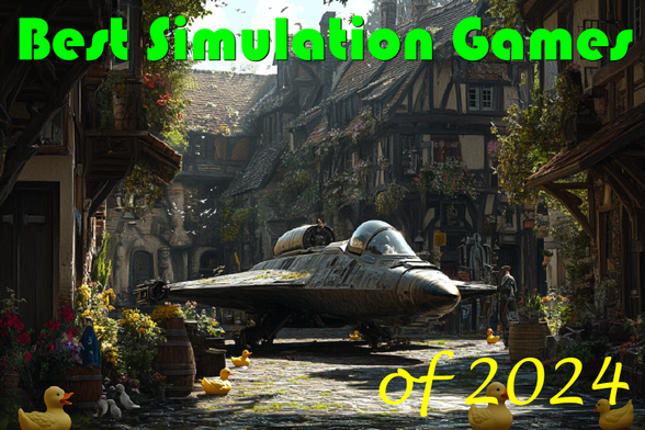 AI generated picture of a starfighter parked among medieval buildings, along with many plastic ducks.