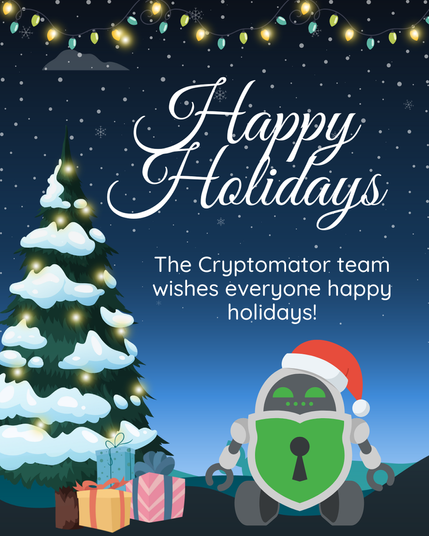 A winter-themed design featuring a snow-covered Christmas tree, presents, and string lights in the background. On the right side, the Cryptomator mascot appears as a robot with a green shield and a festive hat. The text at the top reads, "Happy Holidays," in elegant script, followed by, "The Cryptomator team wishes everyone happy holidays!" in a clear font.