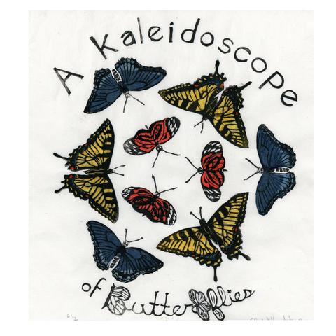 A square linocut on white paper with the words ‘A kaleidoscope’ at the top and  ‘of Butterflies’ at the bottom in black ink. Inside are 3 rings of 3 types of butterfly at 60° to each other with the middle ring offset by 30° so they look like they are arrayed like items viewed through a toy kaleidoscope. From the inner ring out there are three each of the orange Isabella's Longwings (Nymphalidae Eueides isabella), three yellow Eastern tiger swallowtails (Papilio glaucus), and three blue Red-Spotted Purples (Limenitis arthemis astyanax).
