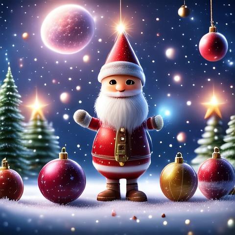 The image is a colorful illustration of a jolly Santa Claus standing in a winter wonderland scene. He's dressed in his traditional red suit with white fur trim, and his face is filled with a warm smile. The background is a soft snowy white, with hints of gold and crimson ornaments and decorations surrounding Santa. The overall atmosphere is cozy and inviting.