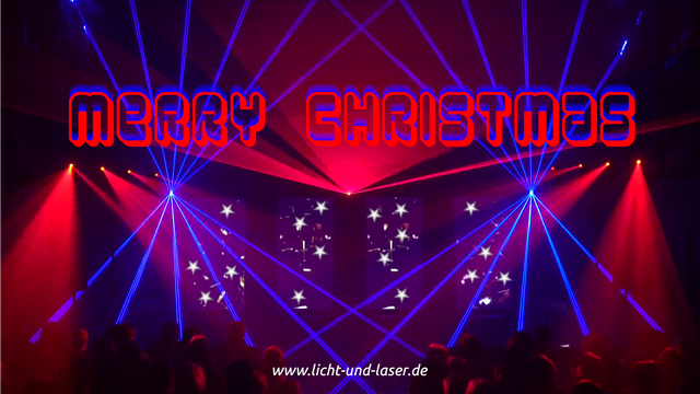 Schriftzug "Merry Christmas" mit Licht- und Laser-Effekten.